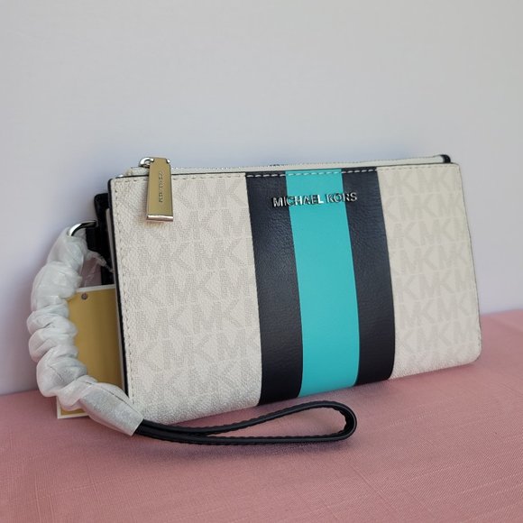 MICHAEL KORS Jet Set Double Zip Signature Phone Wristlet-Ocean Blue Mult 🎈$108⭐ - Picture 2 of 16